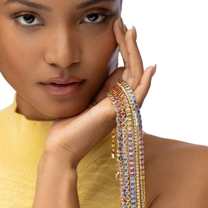 Multi-Color Emerald Cut Sapphire Necklace in 14K Yellow Gold