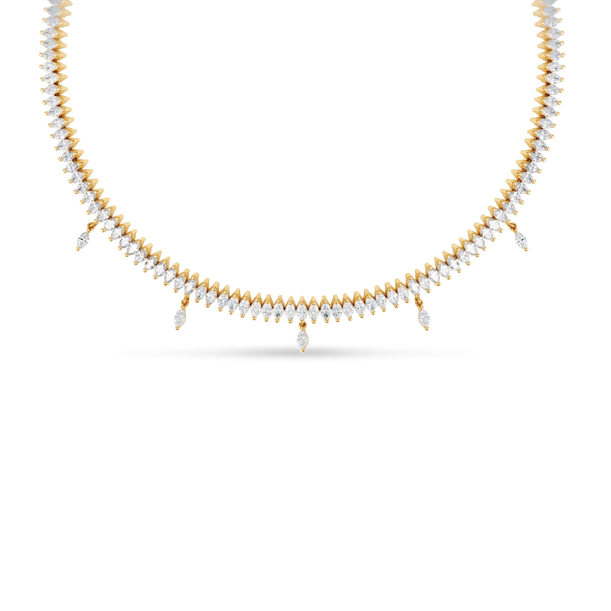 Chic 14K yellow gold choker featuring marquise-cut diamonds with delicate dangling accents, offering understated glamour and a modern twist for sophisticated styling. close up 
