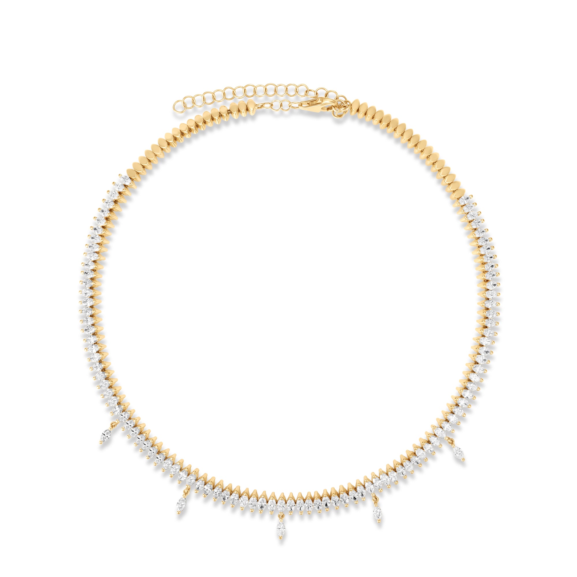 Chic 14K yellow gold choker featuring marquise-cut diamonds with delicate dangling accents, offering understated glamour and a modern twist for sophisticated styling. Top down view