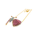 Elegant medium-sized articulated butterfly necklace featuring delicate wings that move with you, crafted in 18K gold with pink tourmaline, blue and pink sapphires, tsavorites, and diamonds for a one-of-a-kind statement piece.