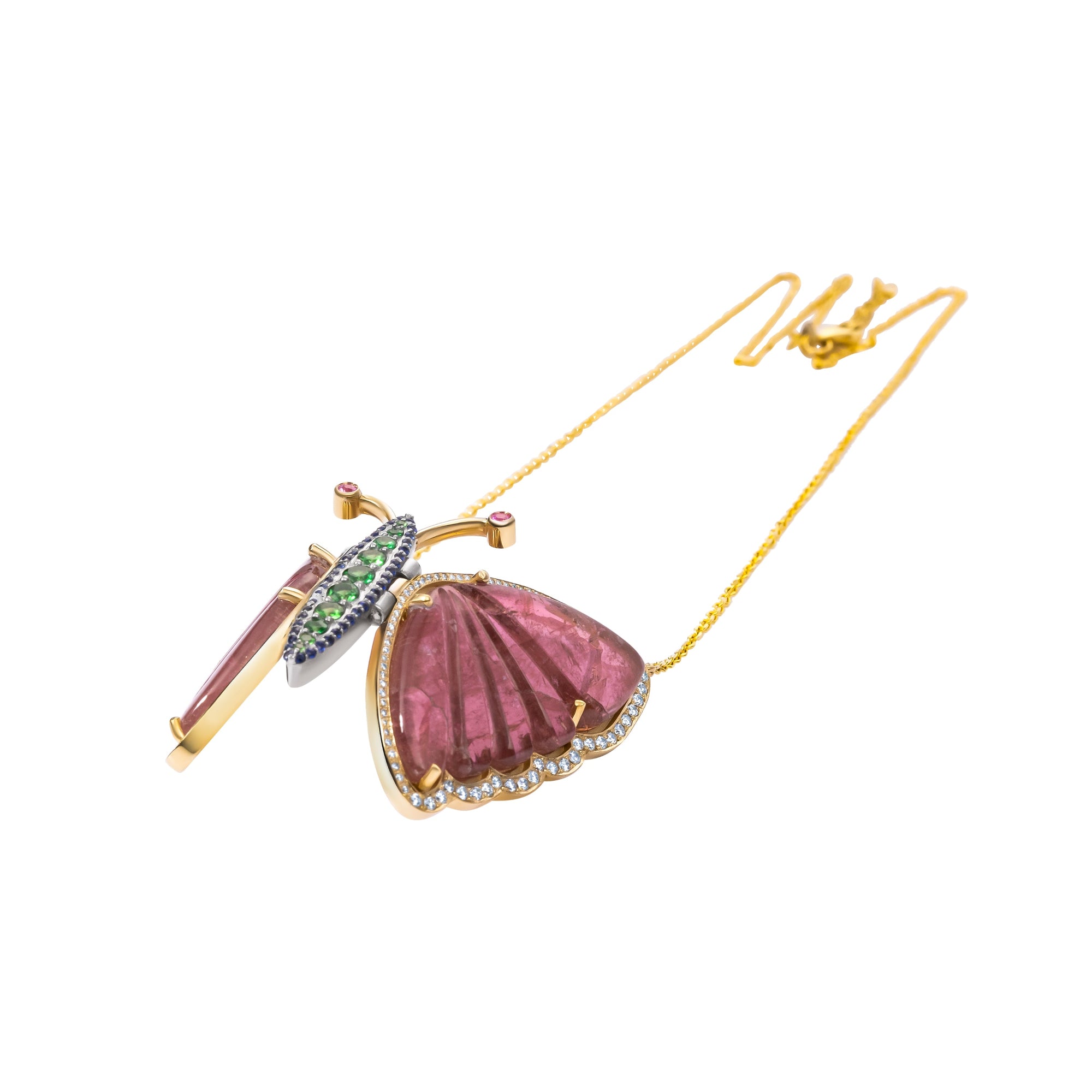 Elegant medium-sized articulated butterfly necklace featuring delicate wings that move with you, crafted in 18K gold with pink tourmaline, blue and pink sapphires, tsavorites, and diamonds for a one-of-a-kind statement piece.
