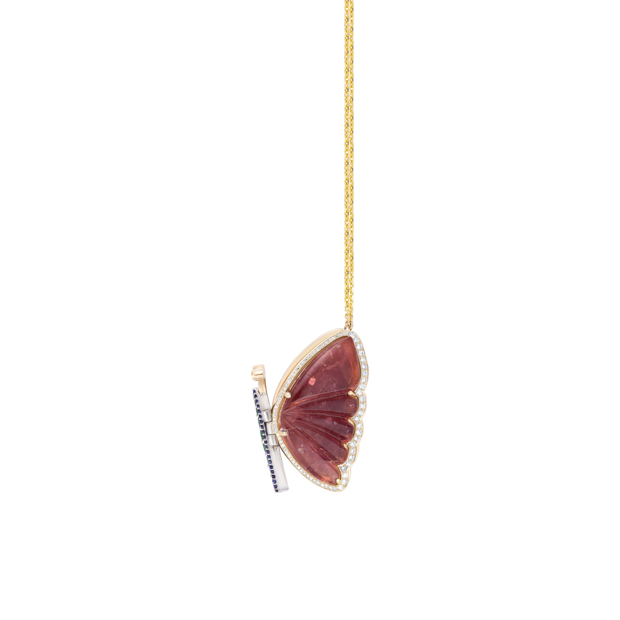 Elegant medium-sized articulated butterfly necklace featuring delicate wings that move with you, crafted in 18K gold with pink tourmaline, blue and pink sapphires, tsavorites, and diamonds for a one-of-a-kind statement piece. Side view