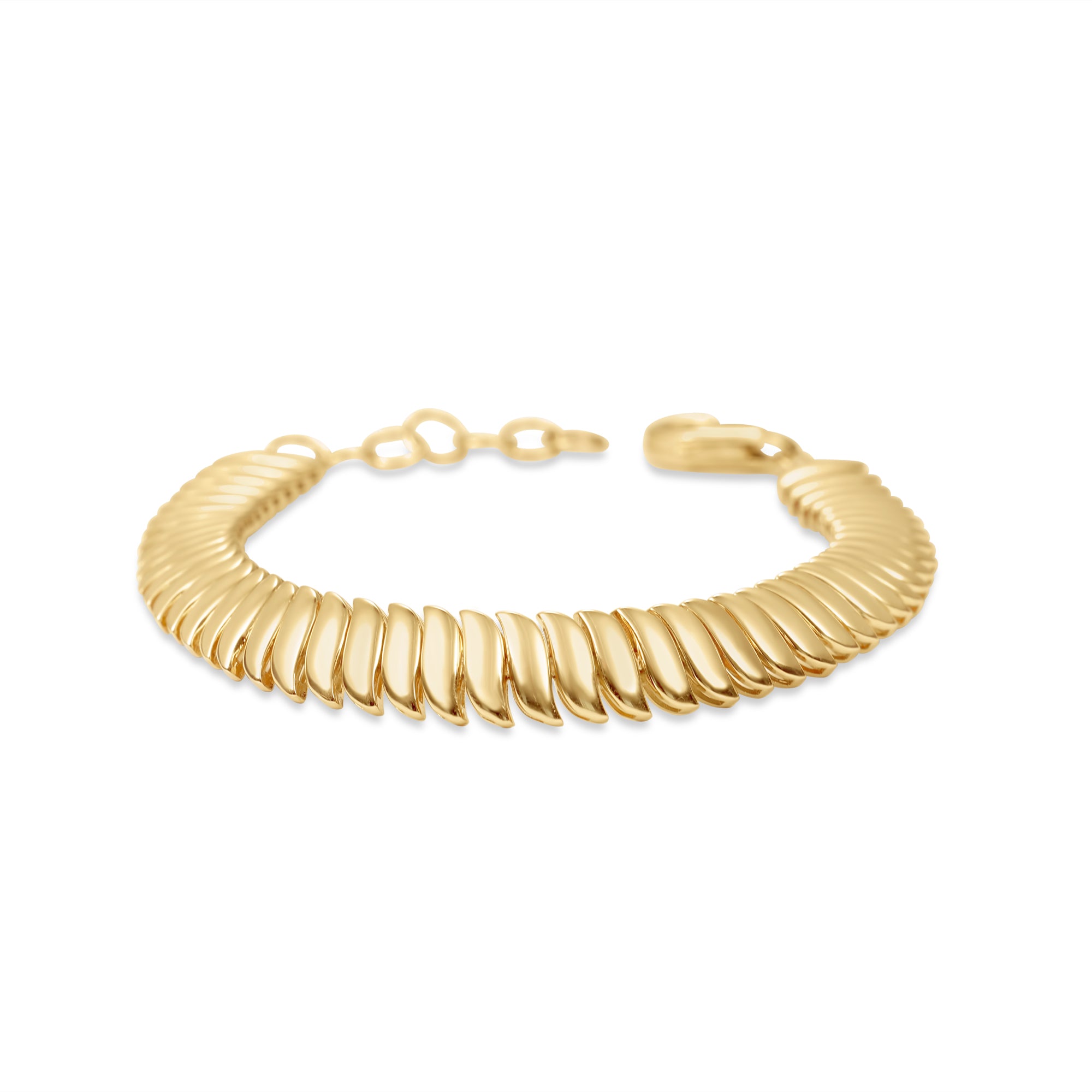 14K yellow gold wave link bracelet featuring a luminous, polished design with distinctive links and an adjustable fit, offering timeless elegance and effortless sophistication. Close up.