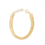14K yellow gold wave link bracelet featuring a luminous, polished design with distinctive links and an adjustable fit, offering timeless elegance and effortless sophistication. detail of clasp open.