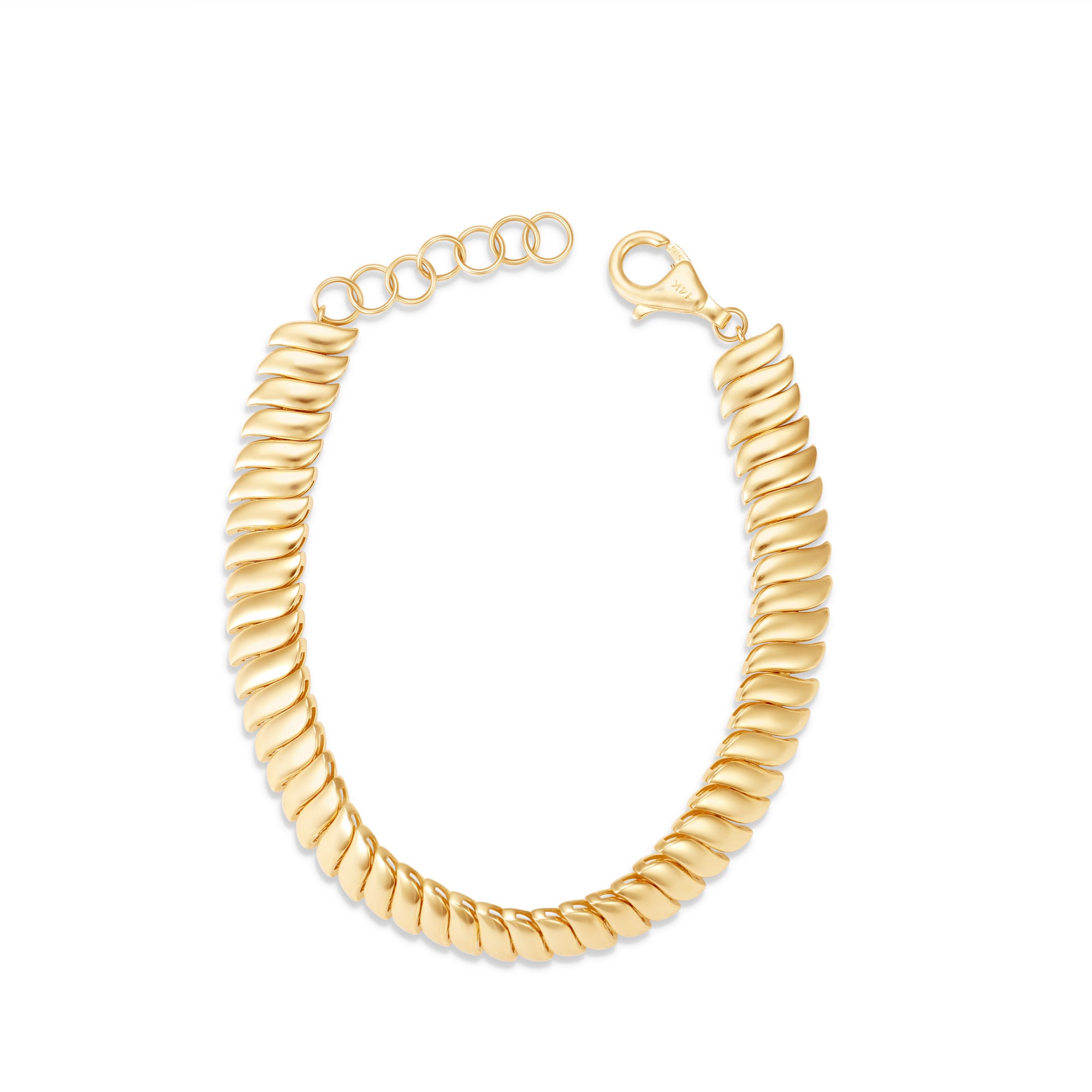14K yellow gold wave link bracelet featuring a luminous, polished design with distinctive links and an adjustable fit, offering timeless elegance and effortless sophistication. detail of clasp open.