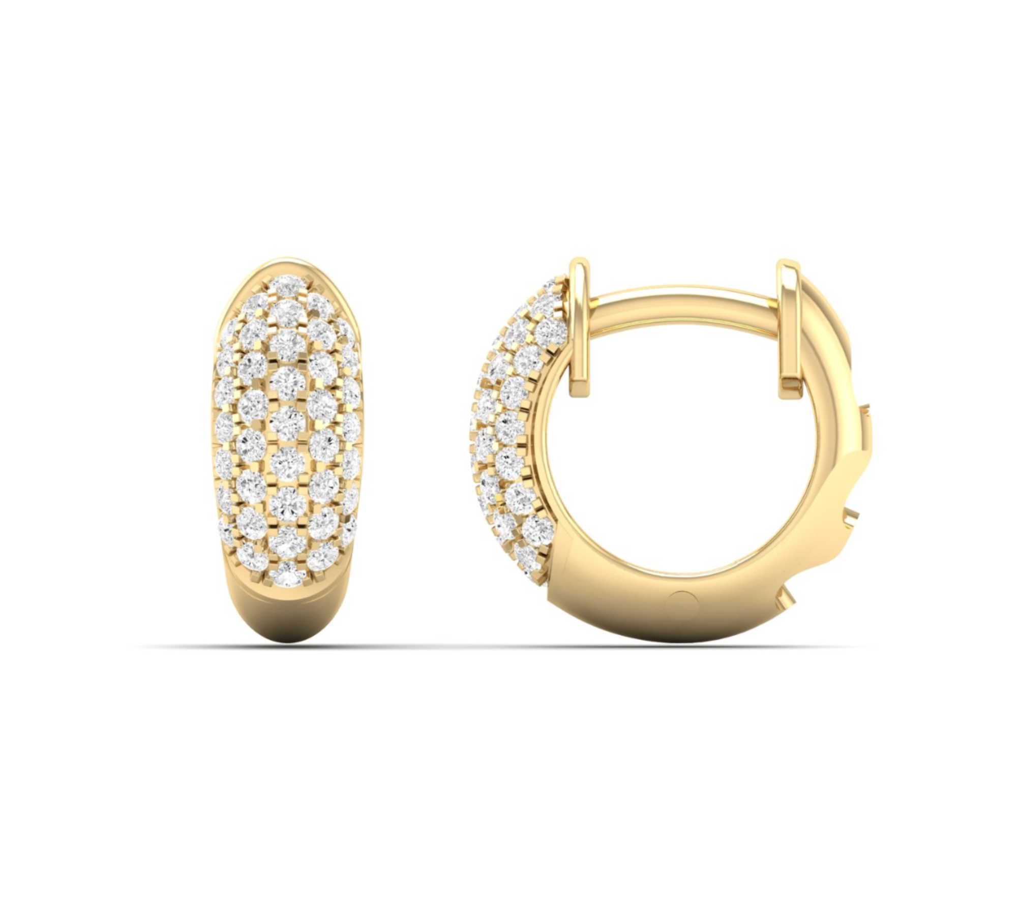 11.25mm micro pavé huggie earrings in 14K yellow gold, featuring 0.38ct of F-G color VS clarity diamonds for subtle everyday sparkle.