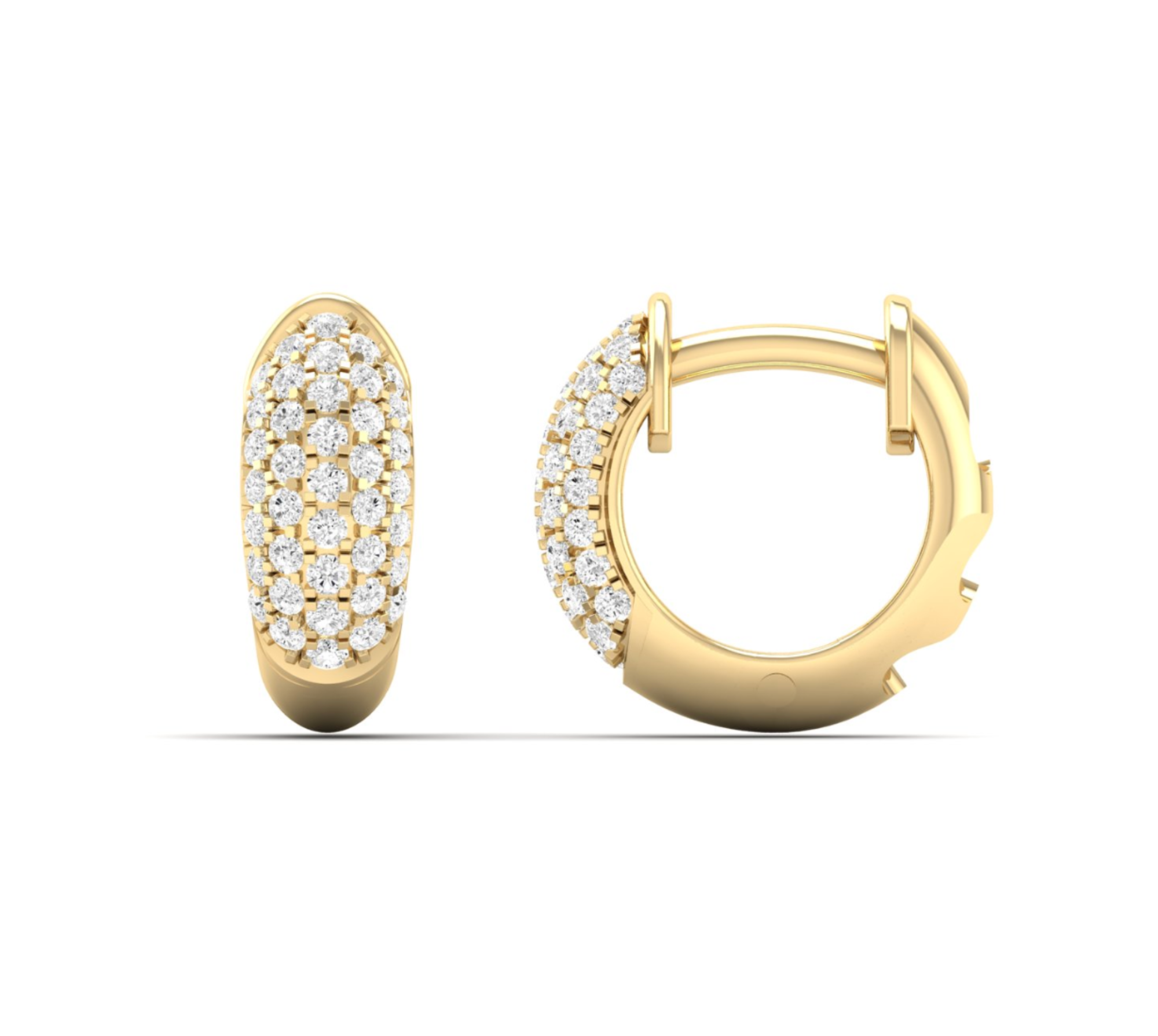 11.25mm micro pavé huggie earrings in 14K yellow gold, featuring 0.38ct of F-G color VS clarity diamonds for subtle everyday sparkle.