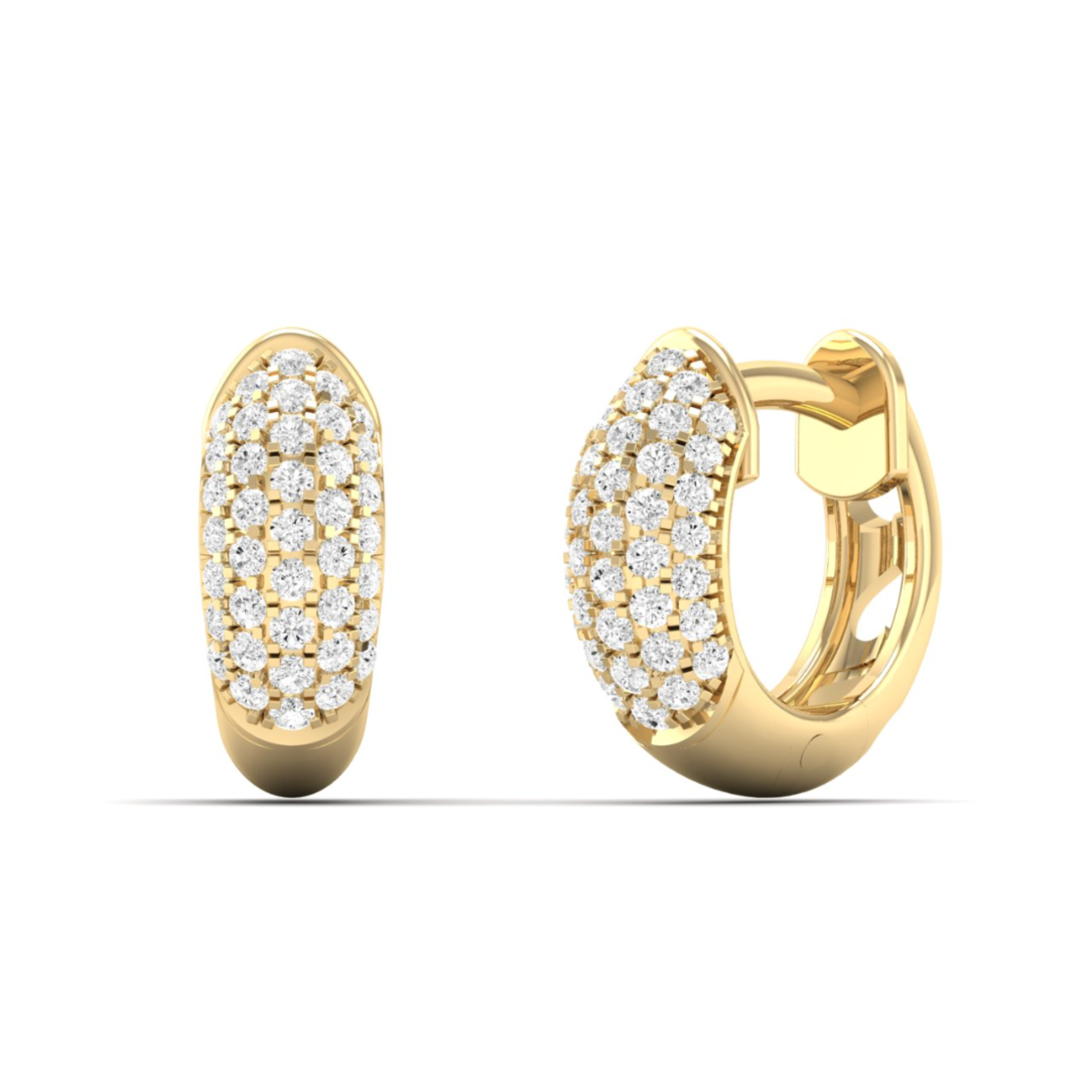 11.25mm micro pavé huggie earrings in 14K yellow gold, featuring 0.38ct of F-G color VS clarity diamonds for subtle everyday sparkle.