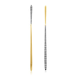 Stylish mismatched drop earrings crafted in 14K yellow and white gold, featuring sleek straight-line bar designs with alternating diamond accents for a unique and modern contrast. Close up. 