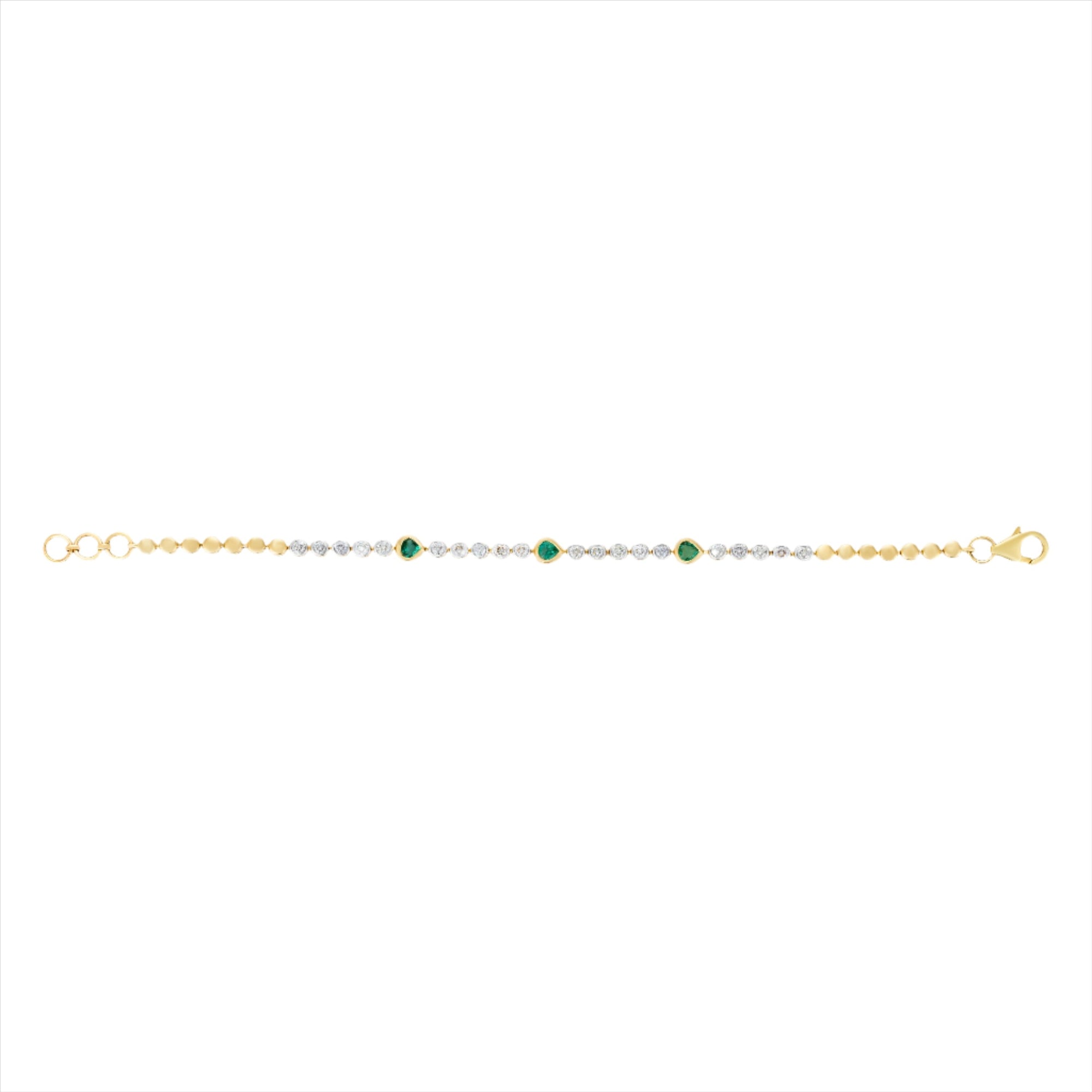 Elegant 14K yellow gold tennis bracelet featuring mixed-shaped bezel-set diamonds (0.89ct) and emeralds (0.47ct), accented with polished gold beads. A modern and colorful take on a timeless classic.