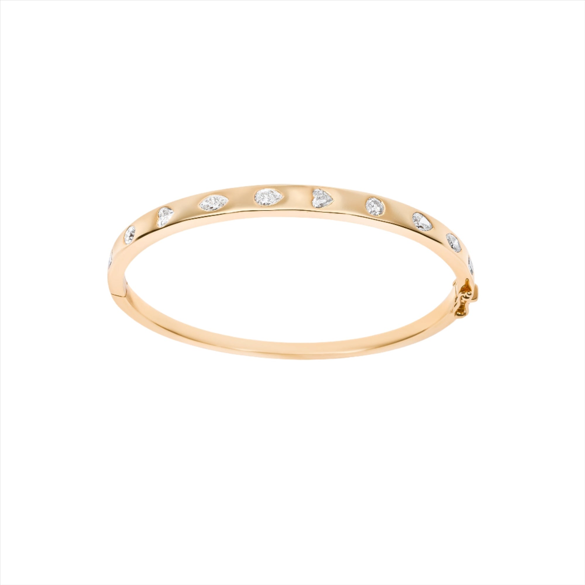 Refined 14K yellow gold bangle bracelet featuring 10 mixed-shape diamonds totaling 1.76ct, arranged in a sleek row for a timeless and elegant design.