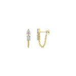 Chic 14K yellow gold huggie earrings featuring a captivating mix of pear and emerald-cut diamonds with a delicate chain wrap, offering a modern twist on timeless luxury and effortless sparkle.