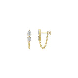Chic 14K yellow gold huggie earrings featuring a captivating mix of pear and emerald-cut diamonds with a delicate chain wrap, offering a modern twist on timeless luxury and effortless sparkle.