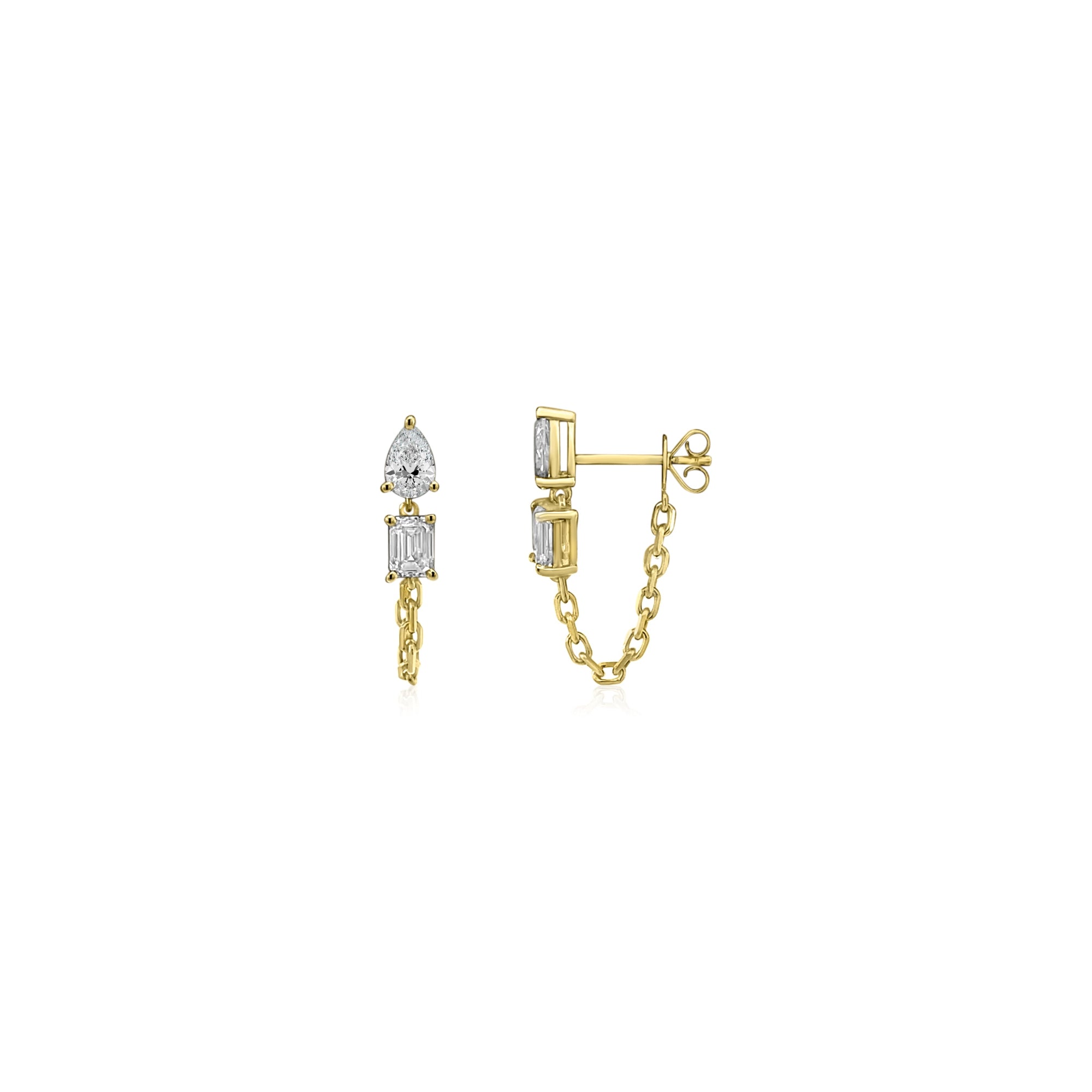 Chic 14K yellow gold huggie earrings featuring a captivating mix of pear and emerald-cut diamonds with a delicate chain wrap, offering a modern twist on timeless luxury and effortless sparkle.