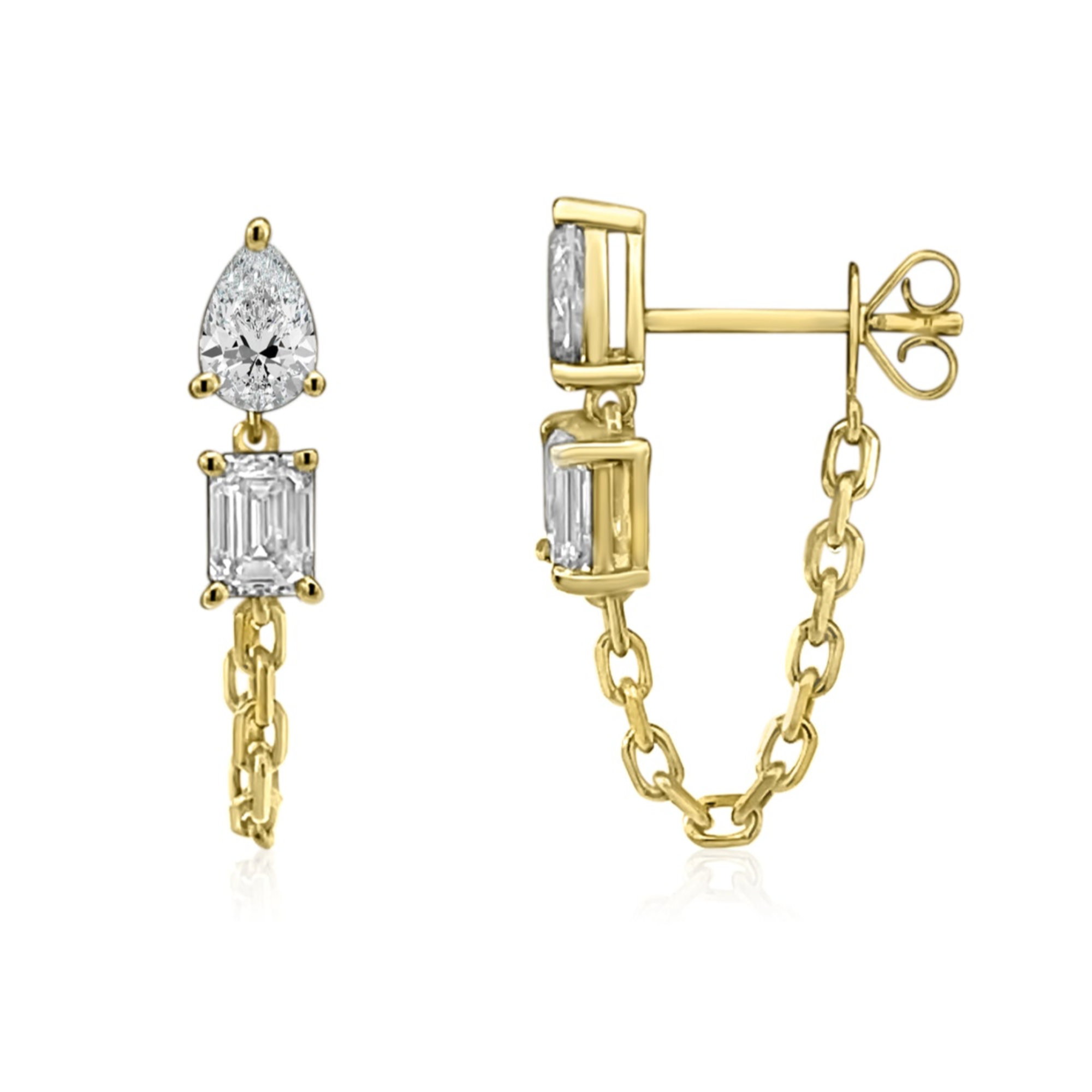 Chic 14K yellow gold huggie earrings featuring a captivating mix of pear and emerald-cut diamonds with a delicate chain wrap, offering a modern twist on timeless luxury and effortless sparkle.