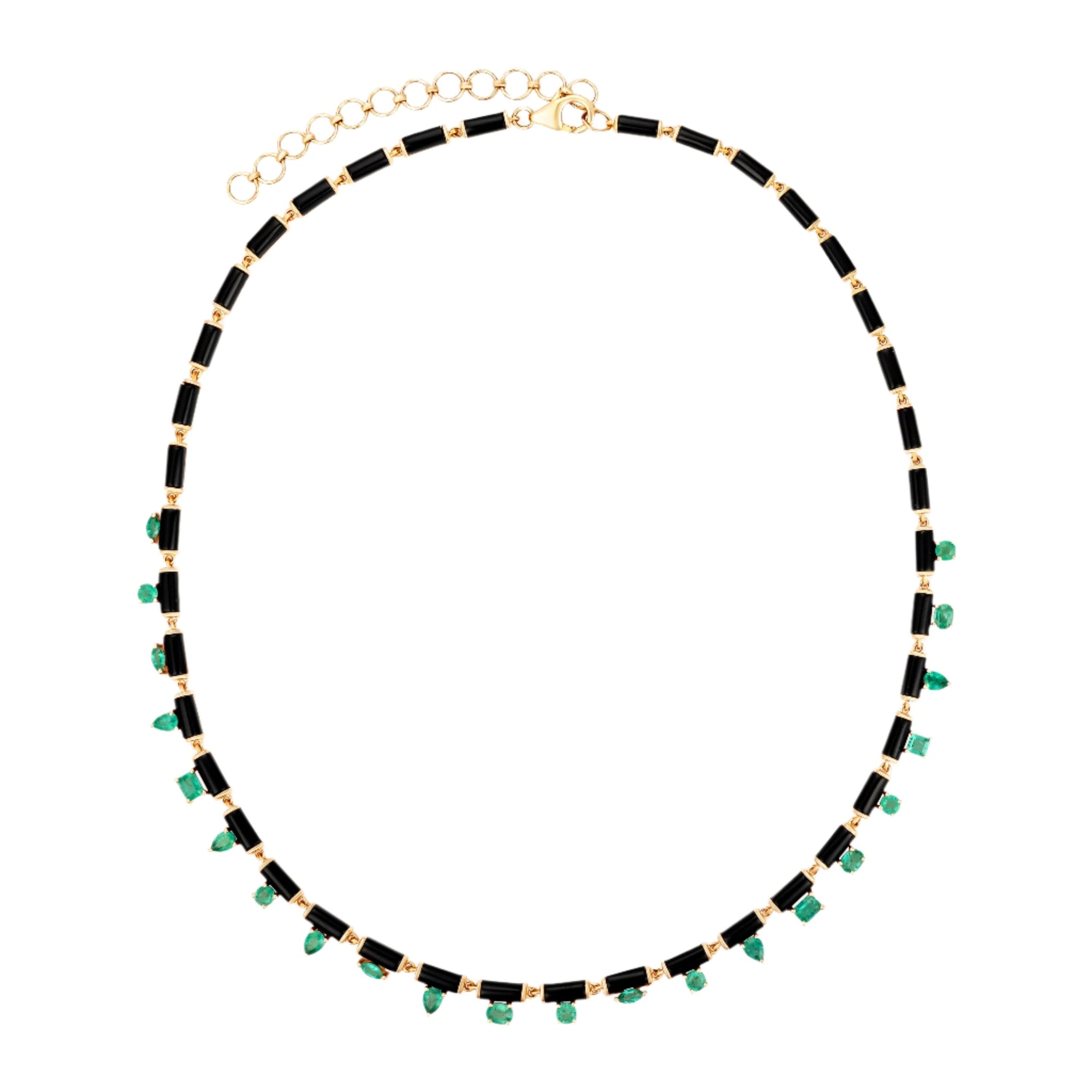djustable 14K yellow gold necklace featuring 18ct of mixed-shape emerald and black onyx links, measuring 16 to 18 inches in length and weighing 18.15g—a bold and refined gemstone design.
