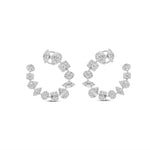 Timeless open hoop earrings crafted in 18K white gold, featuring mixed shape illusion-set diamonds that amplify brilliance, offering a perfect balance of simplicity and sophistication. Front view, close up.
