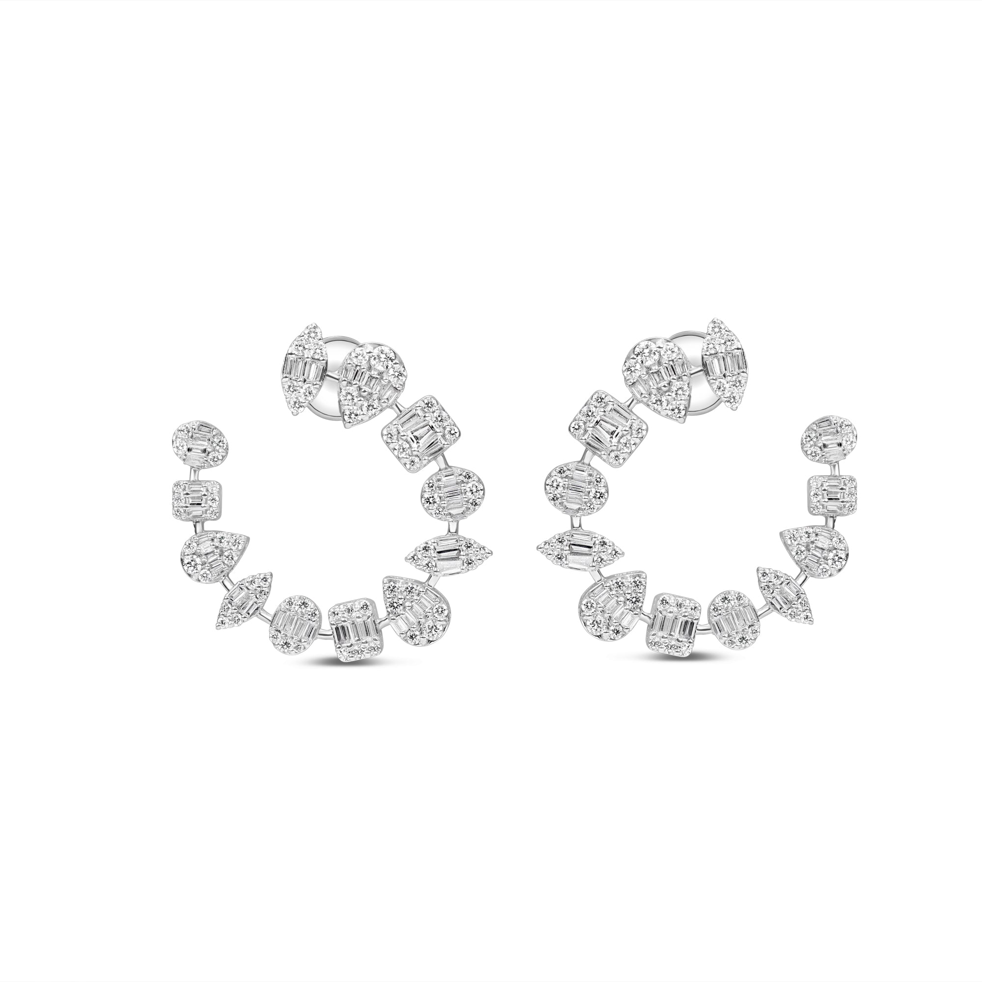 Timeless open hoop earrings crafted in 18K white gold, featuring mixed shape illusion-set diamonds that amplify brilliance, offering a perfect balance of simplicity and sophistication. Front view, close up.