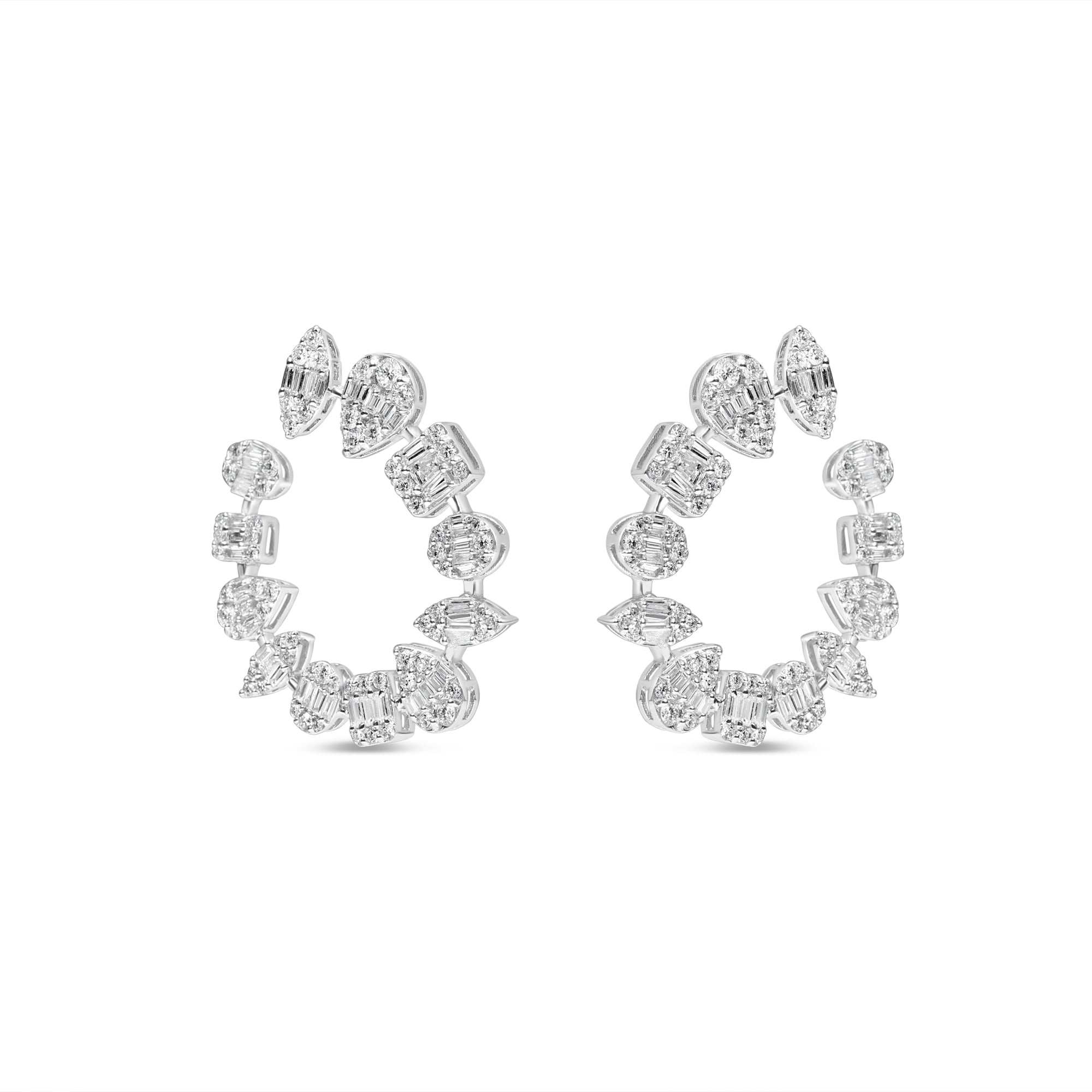 Timeless open hoop earrings crafted in 18K white gold, featuring mixed shape illusion-set diamonds that amplify brilliance, offering a perfect balance of simplicity and sophistication. Side angle, close up.