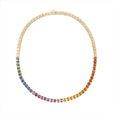 Elegant 14K yellow gold necklace featuring 21.54ct of multi-colored emerald cut sapphires in a striking linear design, 16 inches in length and weighing 24.74g—a vibrant statement piece.
