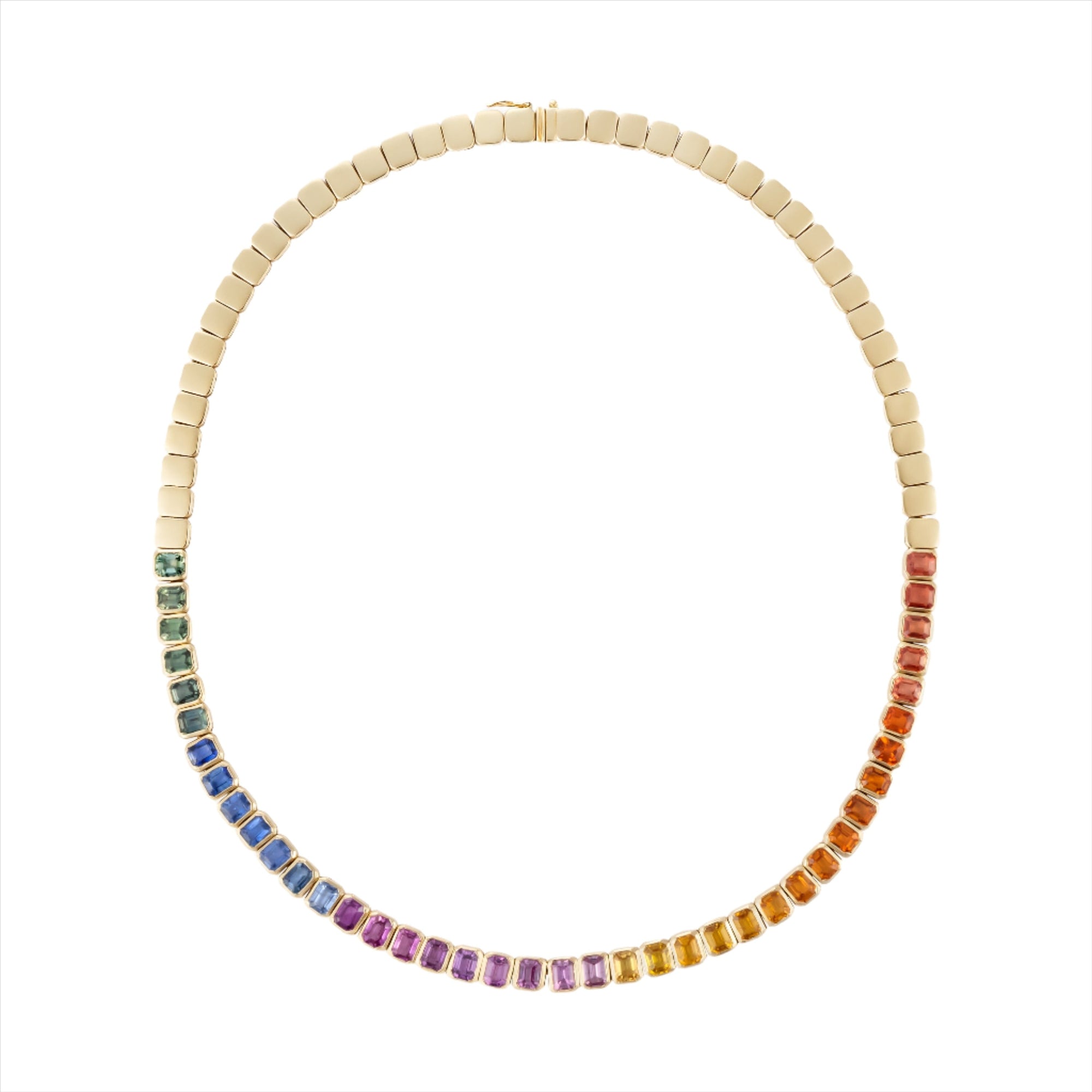 Elegant 14K yellow gold necklace featuring 21.54ct of multi-colored emerald cut sapphires in a striking linear design, 16 inches in length and weighing 24.74g—a vibrant statement piece.