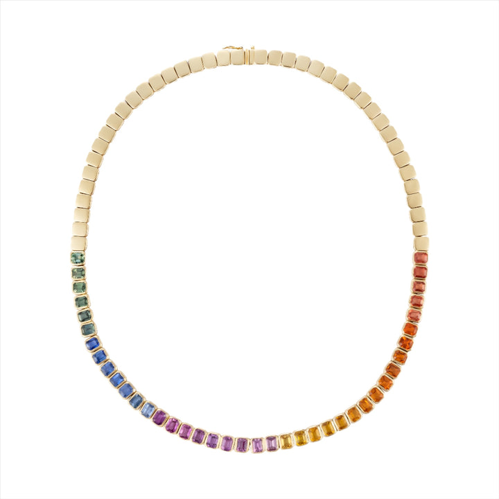 Elegant 14K yellow gold necklace featuring 21.54ct of multi-colored emerald cut sapphires in a striking linear design, 16 inches in length and weighing 24.74g—a vibrant statement piece.