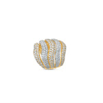 Stunning wave ring crafted in 18K tri-tone gold, featuring intricate pavé-set diamonds and a flowing design that exudes sophistication and elegance, making it a striking statement piece. Angled, top down. 