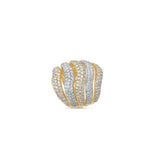 Stunning wave ring crafted in 18K tri-tone gold, featuring intricate pavé-set diamonds and a flowing design that exudes sophistication and elegance, making it a striking statement piece. Angled, top down. 