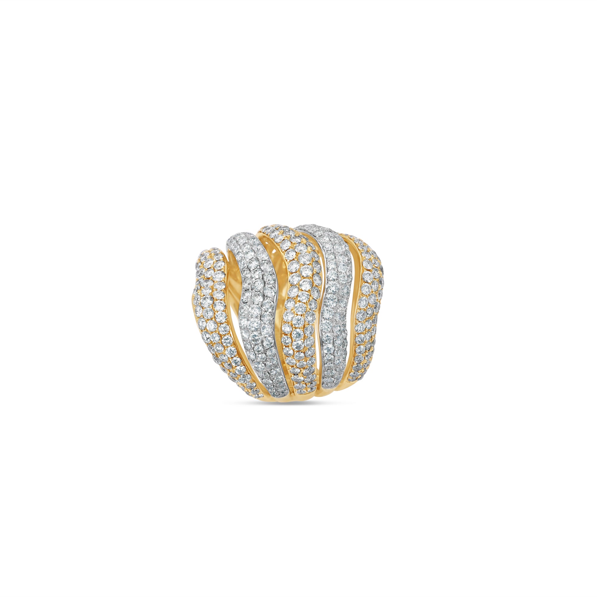 Stunning wave ring crafted in 18K tri-tone gold, featuring intricate pavé-set diamonds and a flowing design that exudes sophistication and elegance, making it a striking statement piece. Angled, top down. 