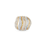 Stunning wave ring crafted in 18K tri-tone gold, featuring intricate pavé-set diamonds and a flowing design that exudes sophistication and elegance, making it a striking statement piece. Top down close up. 