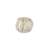 Stunning wave ring crafted in 18K tri-tone gold, featuring intricate pavé-set diamonds and a flowing design that exudes sophistication and elegance, making it a striking statement piece. Top down close up. 