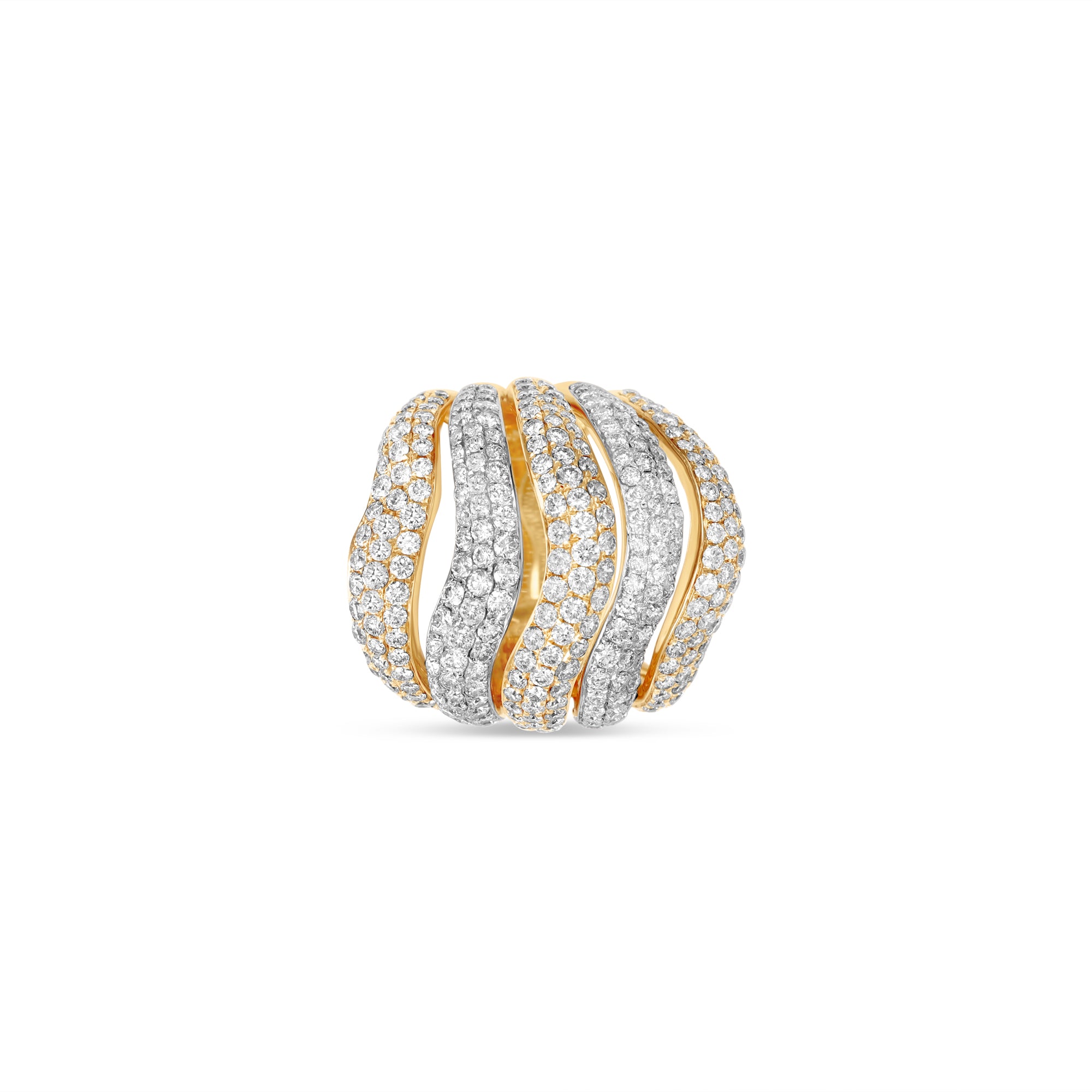 Stunning wave ring crafted in 18K tri-tone gold, featuring intricate pavé-set diamonds and a flowing design that exudes sophistication and elegance, making it a striking statement piece. Top down close up. 