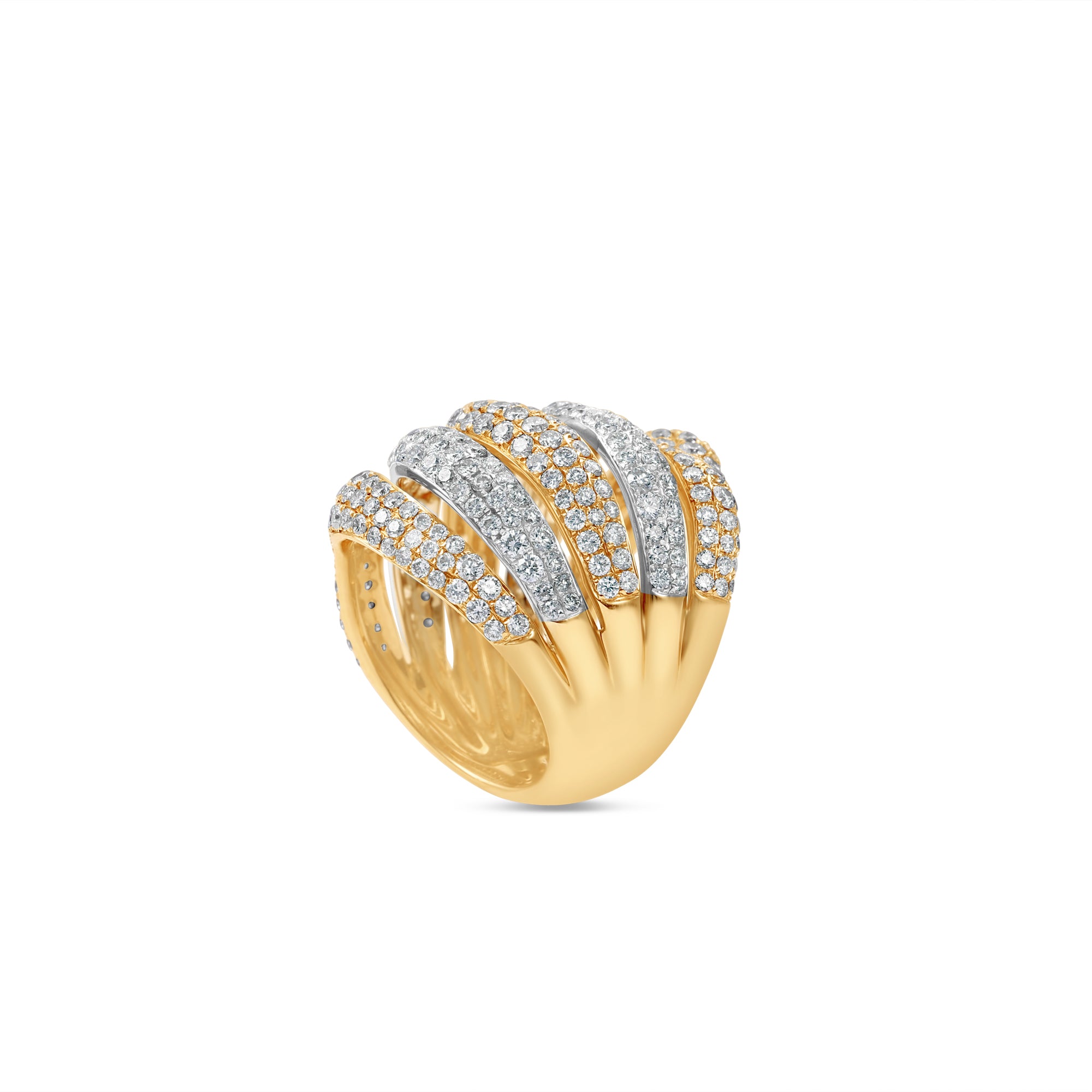 Stunning wave ring crafted in 18K tri-tone gold, featuring intricate pavé-set diamonds and a flowing design that exudes sophistication and elegance, making it a striking statement piece. Angled side view with a peak to the inside. 