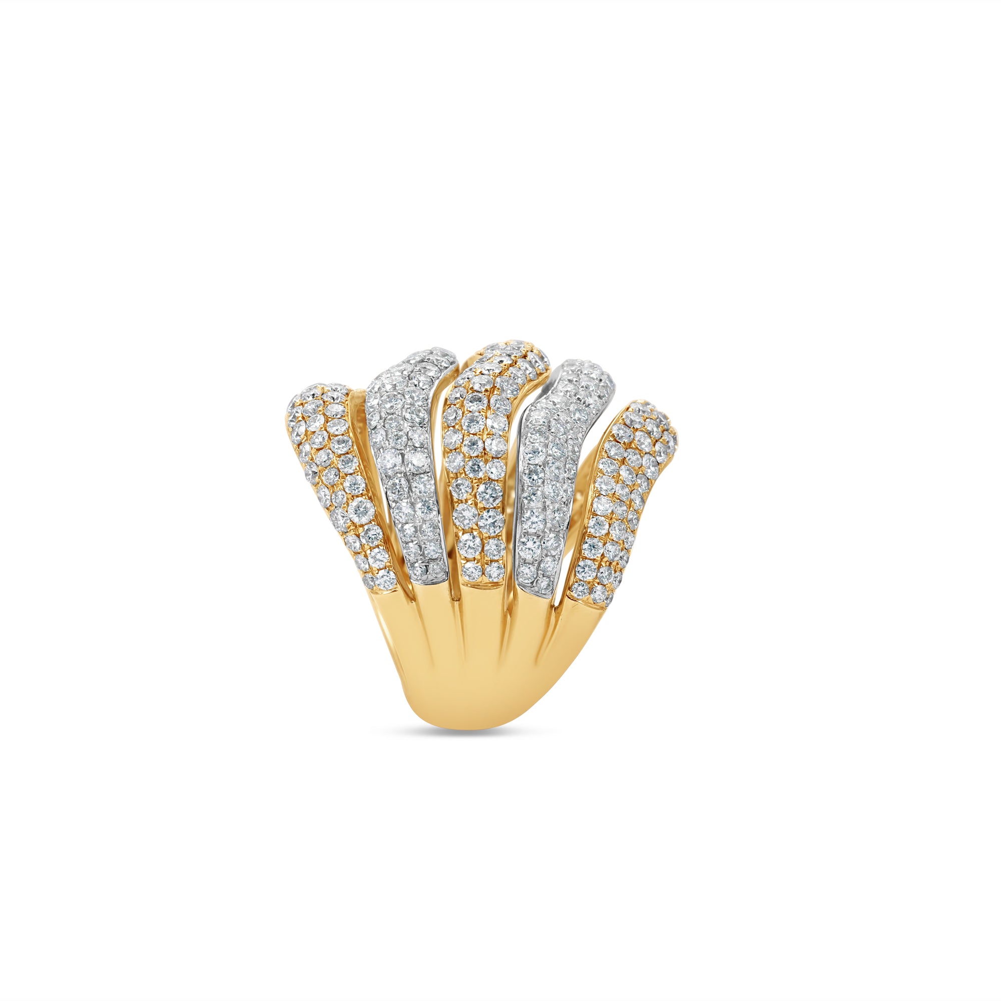 Stunning wave ring crafted in 18K tri-tone gold, featuring intricate pavé-set diamonds and a flowing design that exudes sophistication and elegance, making it a striking statement piece. Side view.