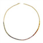 Vibrant 14K gold beaded necklace featuring 9.36ct of bezel-set, multi-colored princess cut sapphires in a radiant rainbow palette—playful, elegant, and one-of-a-kind.