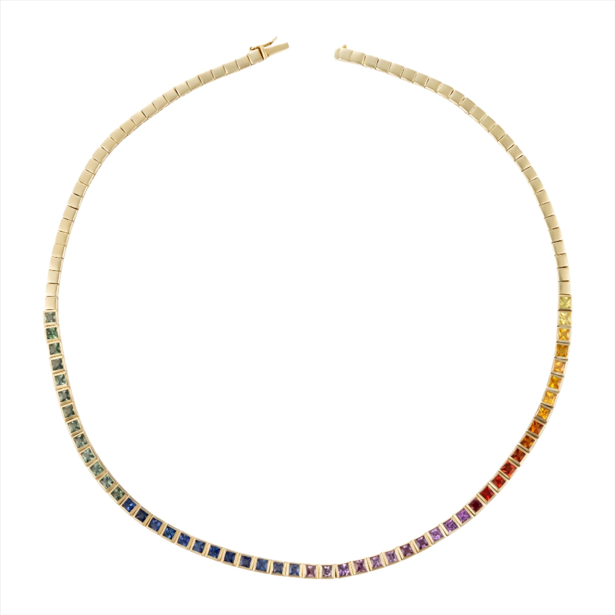 Vibrant 14K gold beaded necklace featuring 9.36ct of bezel-set, multi-colored princess cut sapphires in a radiant rainbow palette—playful, elegant, and one-of-a-kind.