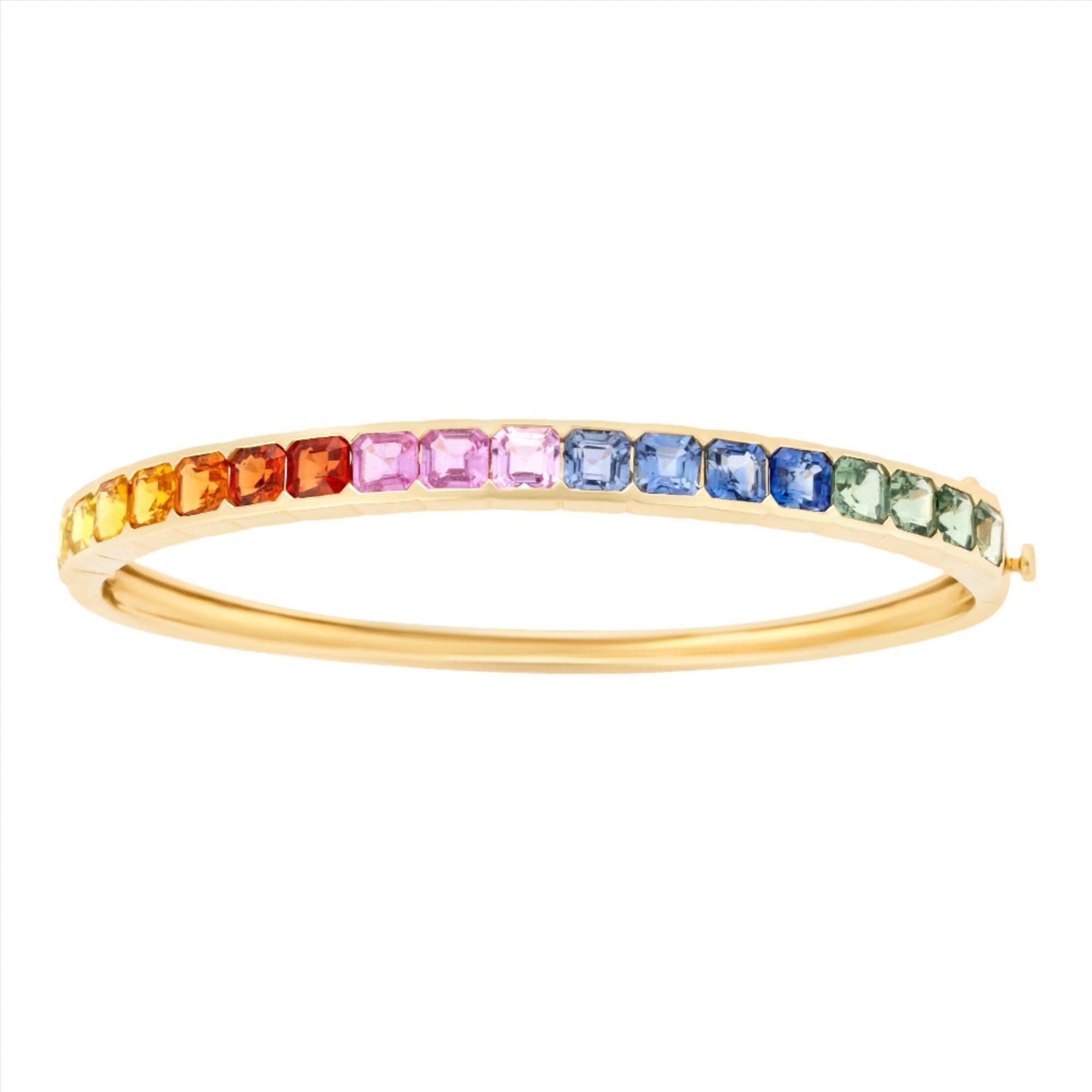 Striking 14K yellow gold bangle featuring a radiant array of multi-colored sapphires totaling 15.72ct. Weighing 12.21g, this bold and colorful bracelet brings playful elegance to any look.