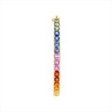 Striking 14K yellow gold bangle featuring a radiant array of multi-colored sapphires totaling 15.72ct. Weighing 12.21g, this bold and colorful bracelet brings playful elegance to any look.

