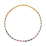 Vibrant 14K yellow gold necklace featuring a perfectly matched suite of alternating oval and round cut sapphires in multi-colored hues, totaling 23.85ct across a 16-inch chain and weighing 24.53g.