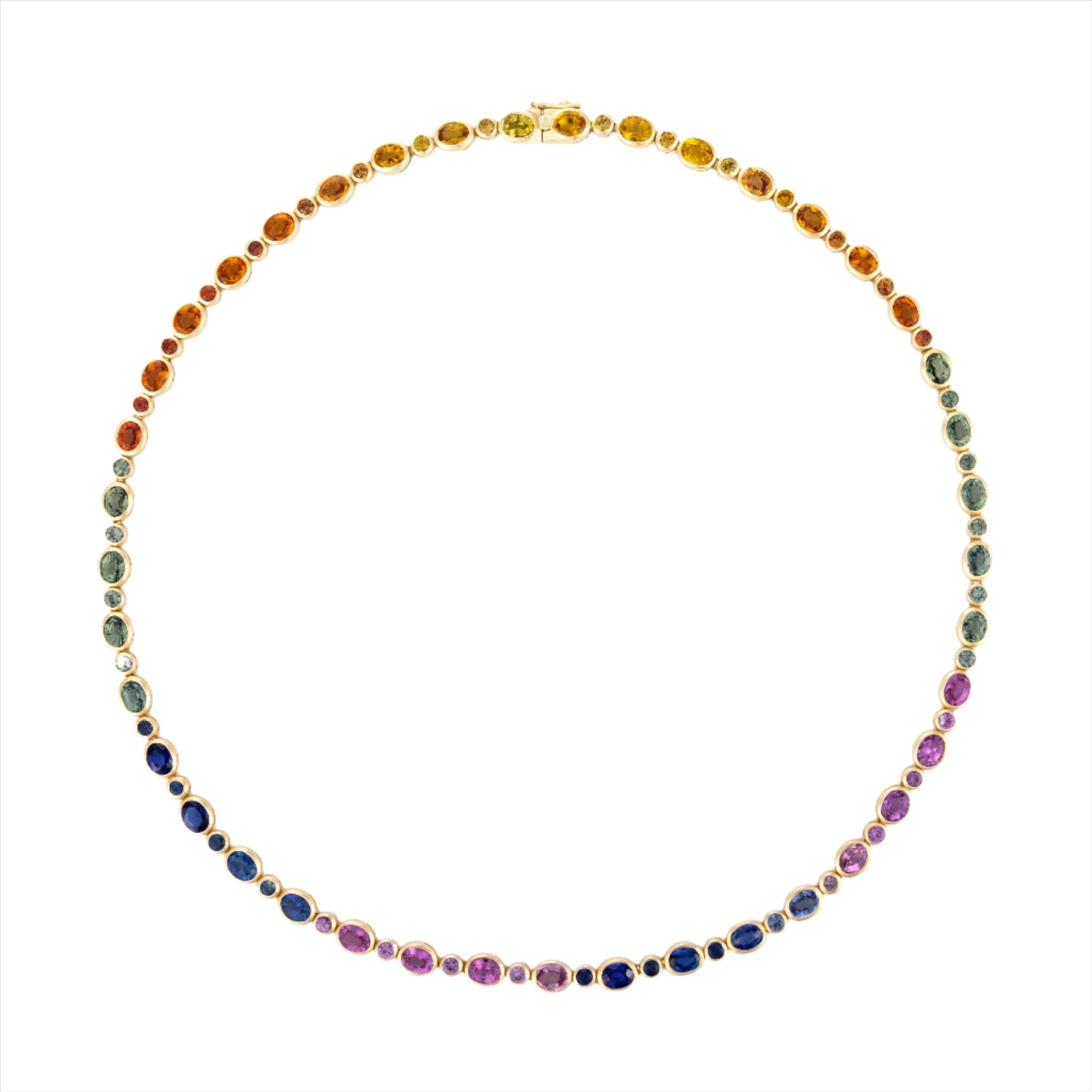 Vibrant 14K yellow gold necklace featuring a perfectly matched suite of alternating oval and round cut sapphires in multi-colored hues, totaling 23.85ct across a 16-inch chain and weighing 24.53g.