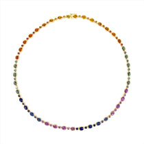 Vibrant 14K yellow gold necklace featuring a perfectly matched suite of alternating oval and round cut sapphires in multi-colored hues, totaling 23.85ct across a 16-inch chain and weighing 24.53g.