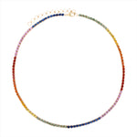 Adjustable 14K yellow gold tennis necklace featuring 32.73ct of vibrant multi-colored sapphires, measuring 40cm–46cm in length and weighing 20.08g—a radiant rainbow-inspired statement piece.