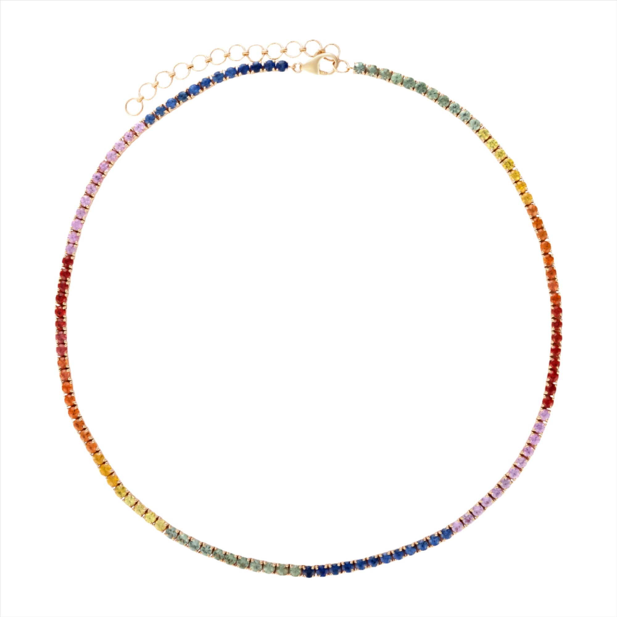 Adjustable 14K yellow gold tennis necklace featuring 32.73ct of vibrant multi-colored sapphires, measuring 40cm–46cm in length and weighing 20.08g—a radiant rainbow-inspired statement piece.