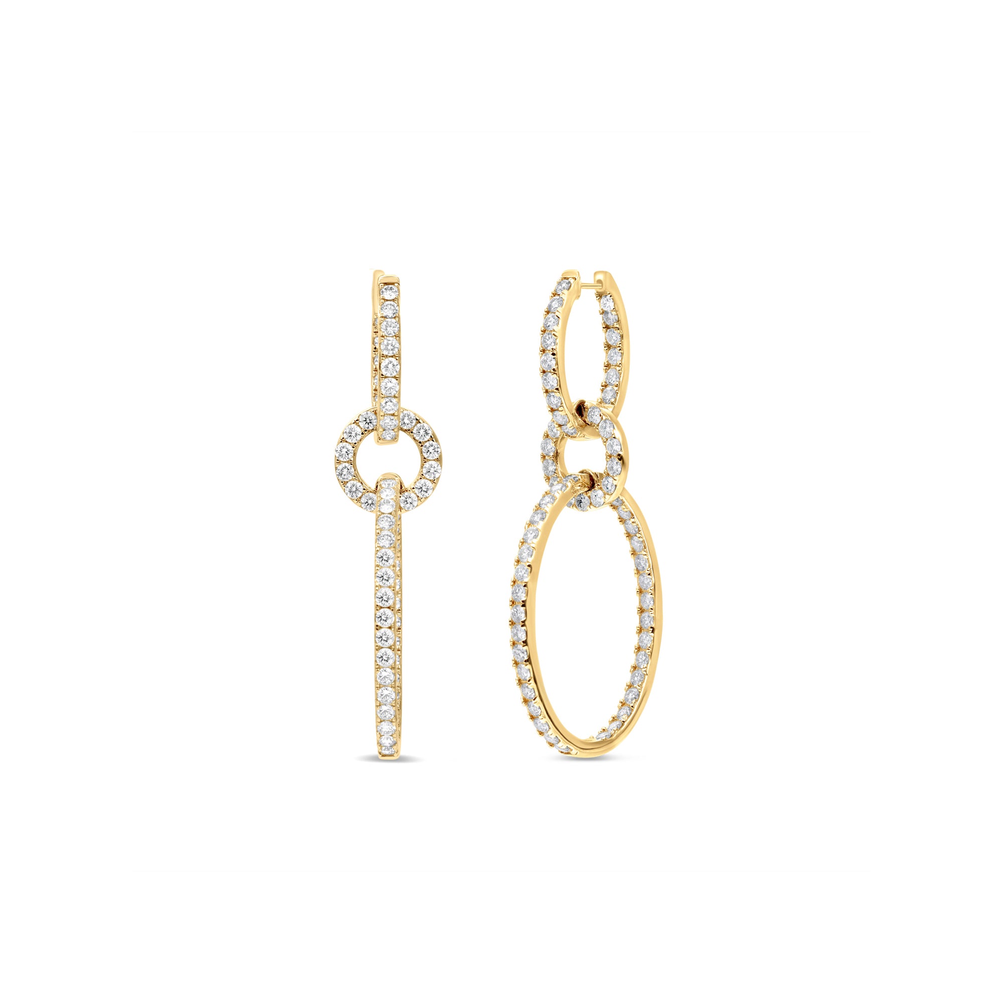Luxurious multi-tier oval hoop earrings crafted in 14K yellow gold, featuring dazzling round diamonds set within elegant oval shapes, offering graceful movement and timeless sophistication. Front and side view close up. 