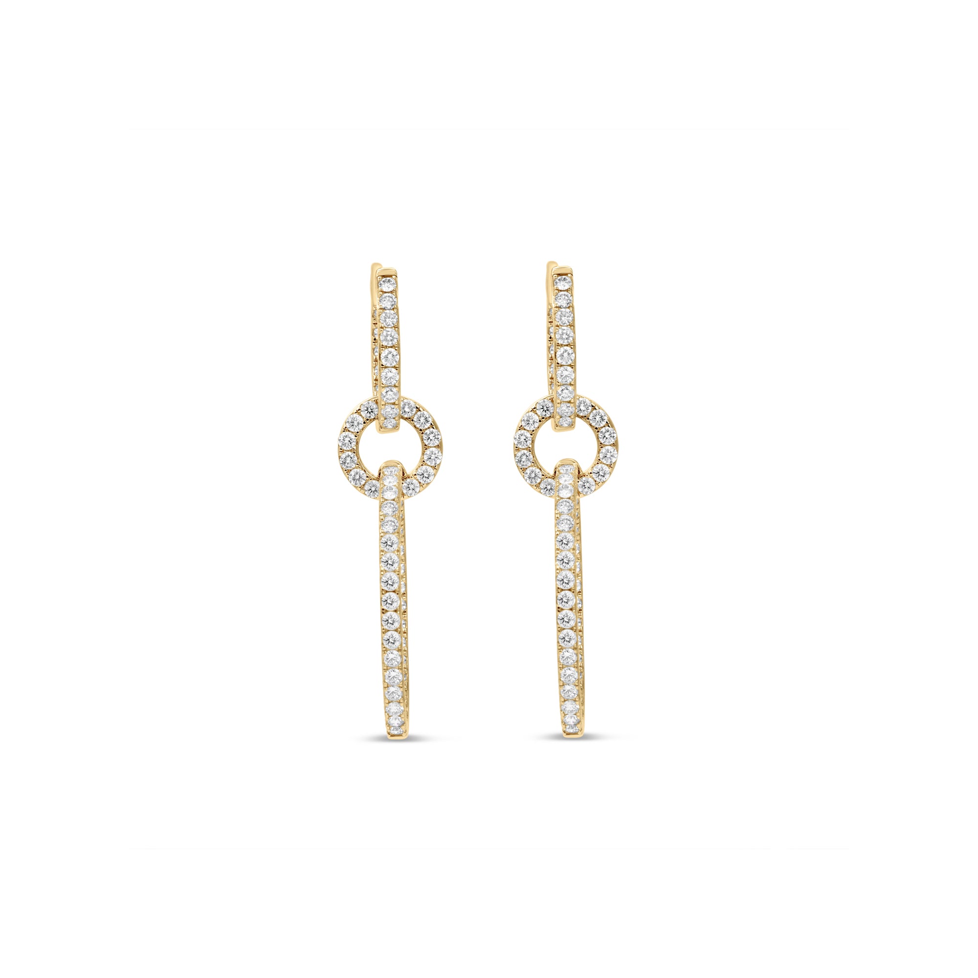Luxurious multi-tier oval hoop earrings crafted in 14K yellow gold, featuring dazzling round diamonds set within elegant oval shapes, offering graceful movement and timeless sophistication. Front close up. 
