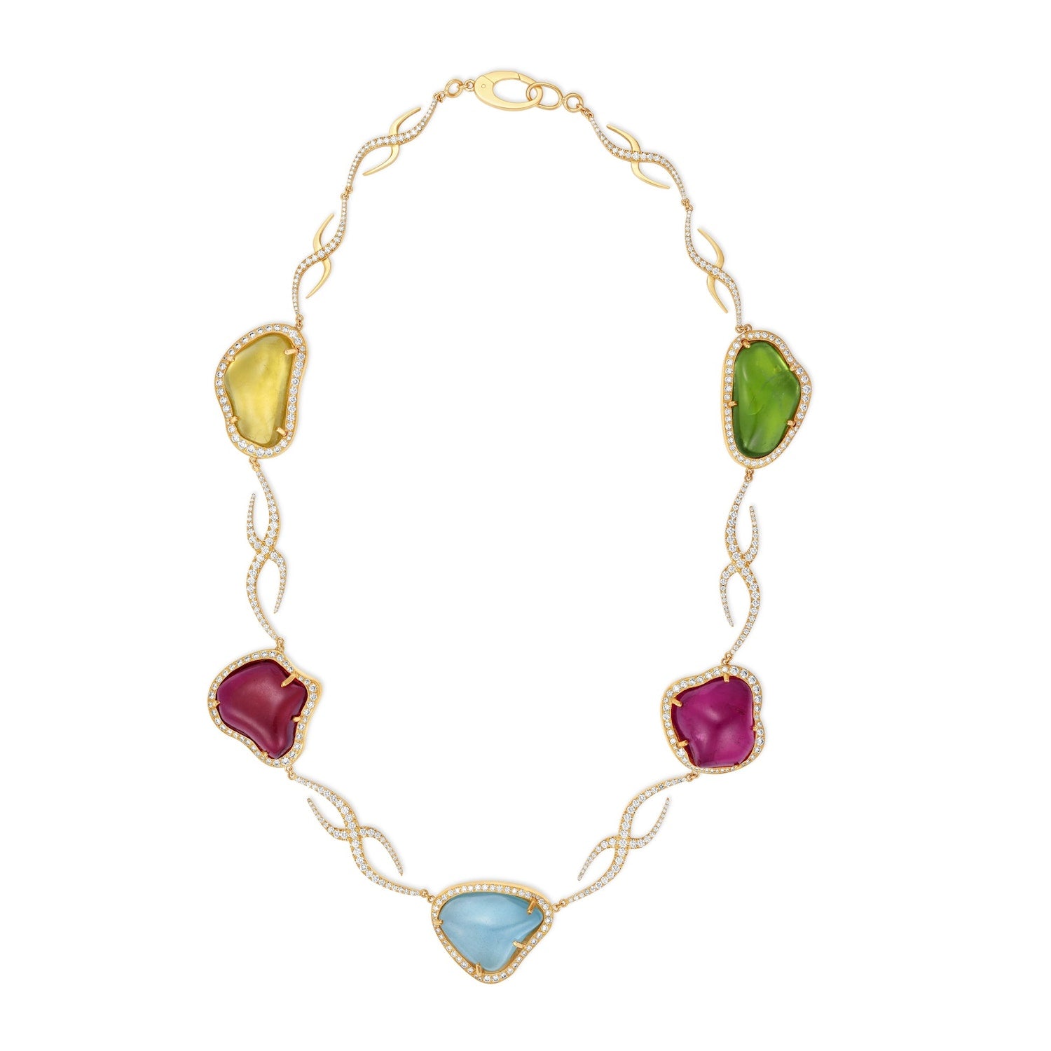 Statement necklace featuring freeform aqua, yellow beryl, pink tourmaline, and peridot gemstones with 8.36ct of D-color VVS1 diamonds, set in 118g of 18K yellow gold with adjustable length.