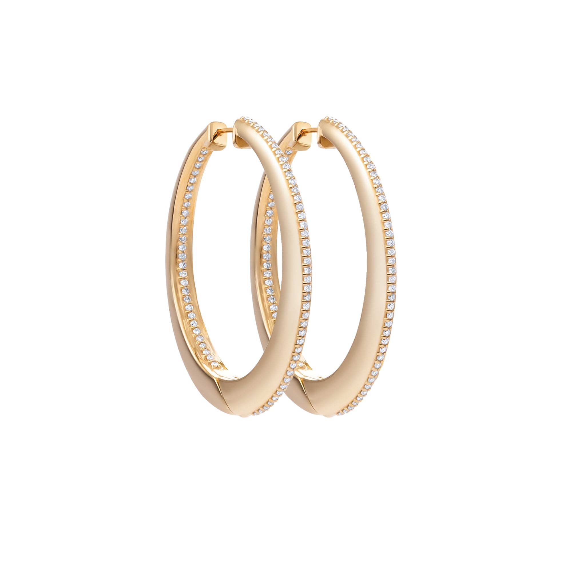 Elegant 14K yellow gold oblong hoop earrings featuring inside-out diamond settings, measuring 1.63 inches in length and 1.30 inches in width with a total weight of 15.76g.
