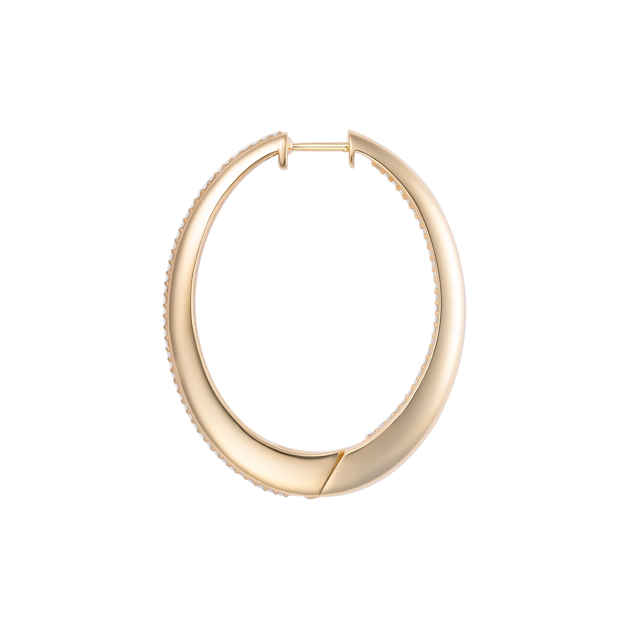 Elegant 14K yellow gold oblong hoop earrings featuring inside-out diamond settings, measuring 1.63 inches in length and 1.30 inches in width with a total weight of 15.76g.