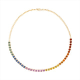 Elegant 14K yellow gold necklace featuring 15.64ct of bezel-set cushion cut ombre multi-color sapphires, half set with gold beads. Total length: 16 inches, weight: 23.17g.