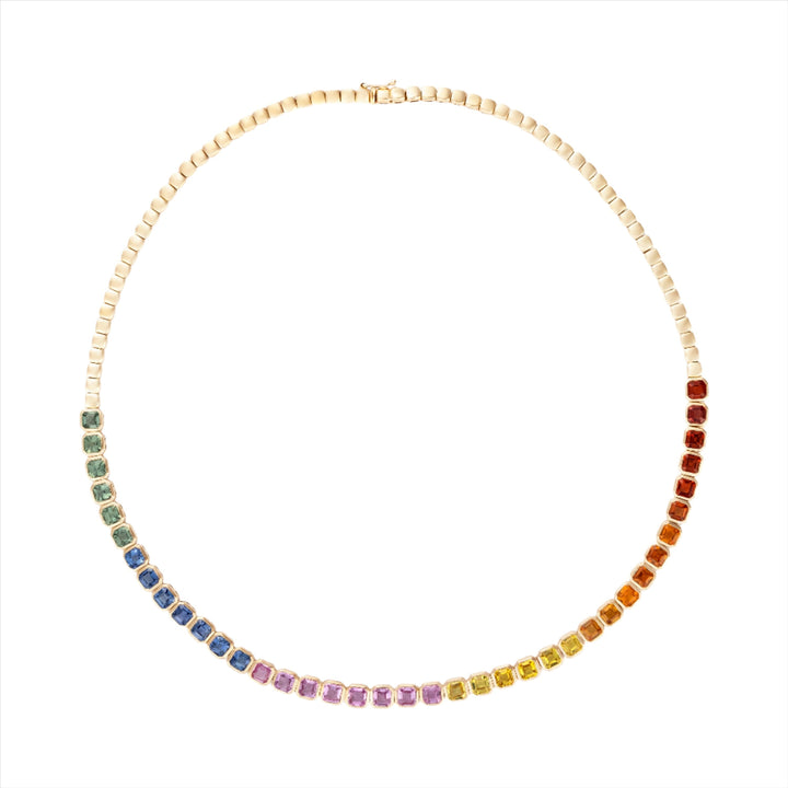 Elegant 14K yellow gold necklace featuring 15.64ct of bezel-set cushion cut ombre multi-color sapphires, half set with gold beads. Total length: 16 inches, weight: 23.17g.